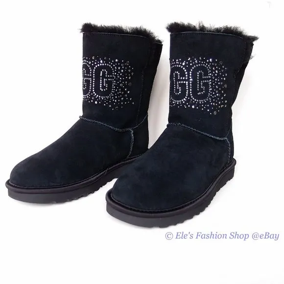 New UGG Classic Gem Sparkle Logo Suede Leather Short Boots BLACK US 7 AUTHENTIC