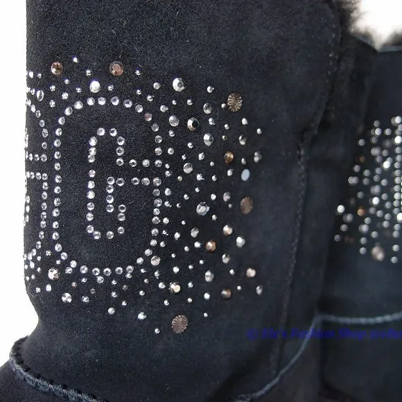 New UGG Classic Gem Sparkle Logo Suede Leather Short Boots BLACK US 7 AUTHENTIC
