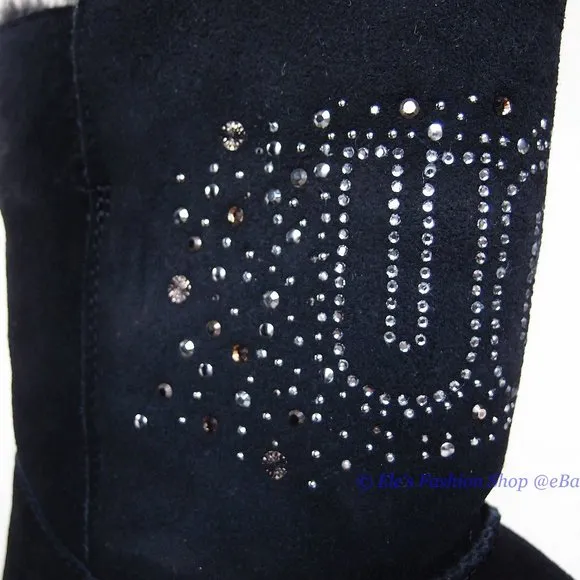New UGG Classic Gem Sparkle Logo Suede Leather Short Boots BLACK US 7 AUTHENTIC