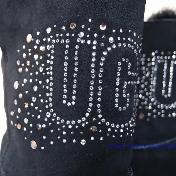 New UGG Classic Gem Sparkle Logo Suede Leather Short Boots BLACK US 7 AUTHENTIC