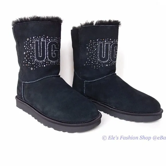 New UGG Classic Gem Sparkle Logo Suede Leather Short Boots BLACK US 7 AUTHENTIC