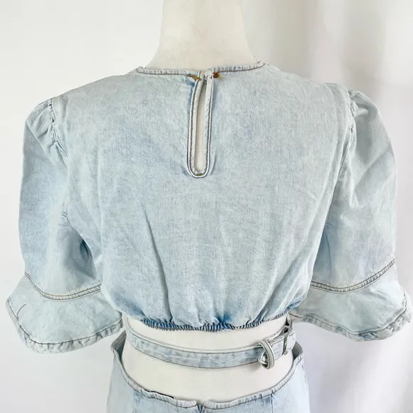 New We Wore What Matching Set Denim Cut Out Waist Mini Skirt &amp; Crop Top Size M