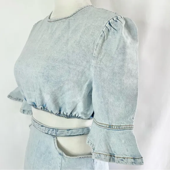 New We Wore What Matching Set Denim Cut Out Waist Mini Skirt &amp; Crop Top Size M