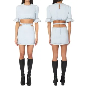New We Wore What Matching Set Denim Cut Out Waist Mini Skirt &amp; Crop Top Size M