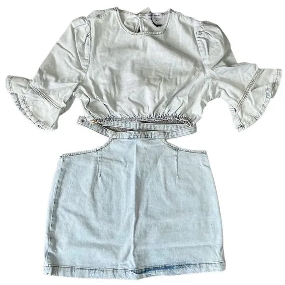 New We Wore What Matching Set Denim Cut Out Waist Mini Skirt &amp; Crop Top Size M