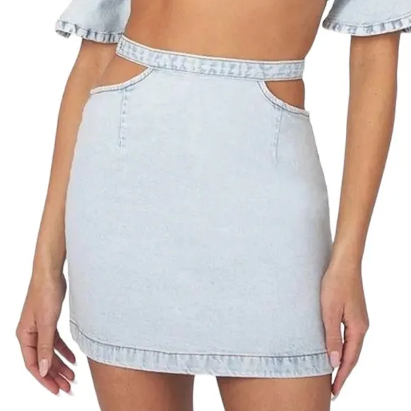 New We Wore What Matching Set Denim Cut Out Waist Mini Skirt &amp; Crop Top Size M