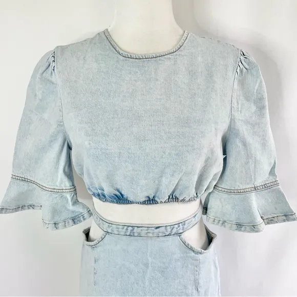 New We Wore What Matching Set Denim Cut Out Waist Mini Skirt &amp; Crop Top Size M