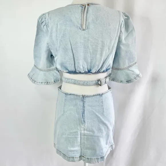 New We Wore What Matching Set Denim Cut Out Waist Mini Skirt &amp; Crop Top Size XS