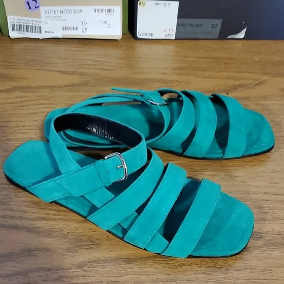 Nib $495 Alumnae Teal Strappy Sandals