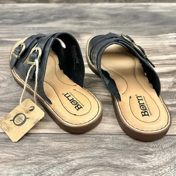 NIB Born Henna 7M Comfort Black Leather Slide Sandals