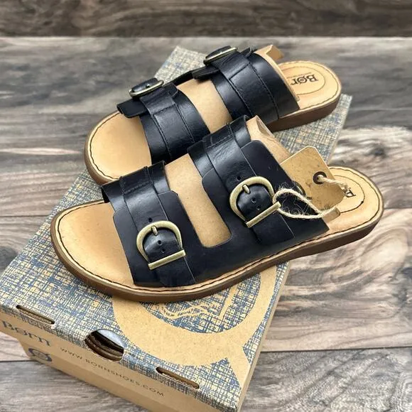 NIB Born Henna 7M Comfort Black Leather Slide Sandals