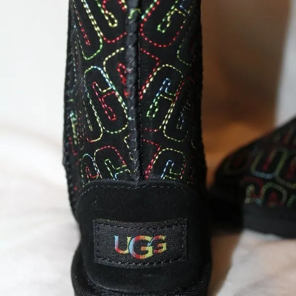 NIB‎ UGG TODDLER GIRL'S LOGO STITCH SUEDE SHEARLING BOOTS BLACK