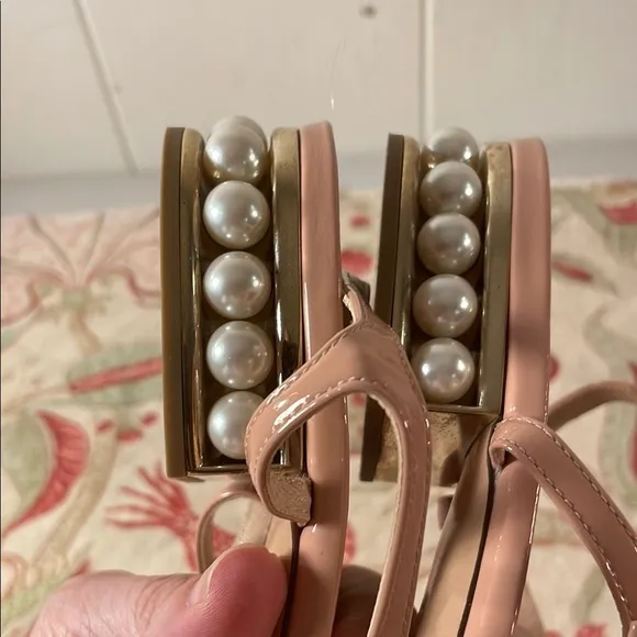Nicholas Kirkwood Casati Praline Nude Sandals with Ankle Straps Faux Pearl Heel