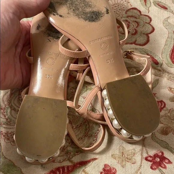 Nicholas Kirkwood Casati Praline Nude Sandals with Ankle Straps Faux Pearl Heel