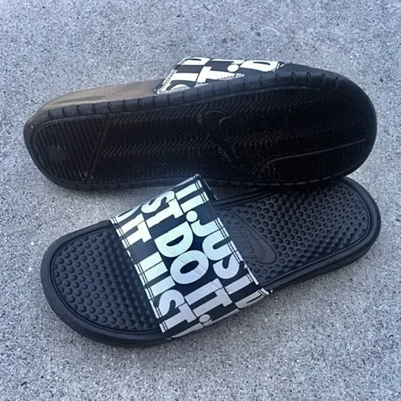 NIKE BENASSI SLIDES JUST DO IT BLACKS WHITES SWOOSH JDI PRINT