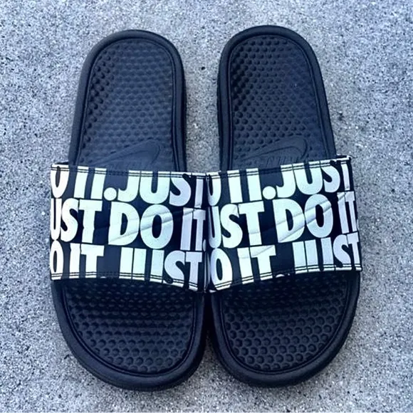 NIKE BENASSI SLIDES JUST DO IT BLACKS WHITES SWOOSH JDI PRINT