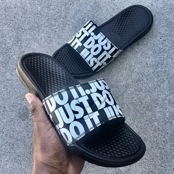 NIKE BENASSI SLIDES JUST DO IT BLACKS WHITES SWOOSH JDI PRINT