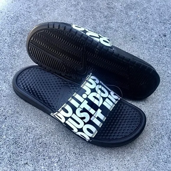 NIKE BENASSI SLIDES JUST DO IT BLACKS WHITES SWOOSH JDI PRINT