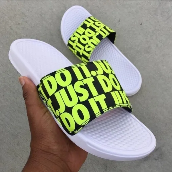 NIKE BENASSI SLIDES JUST DO IT NEONS VOLTS BLACKS WHITES SWOOSH
