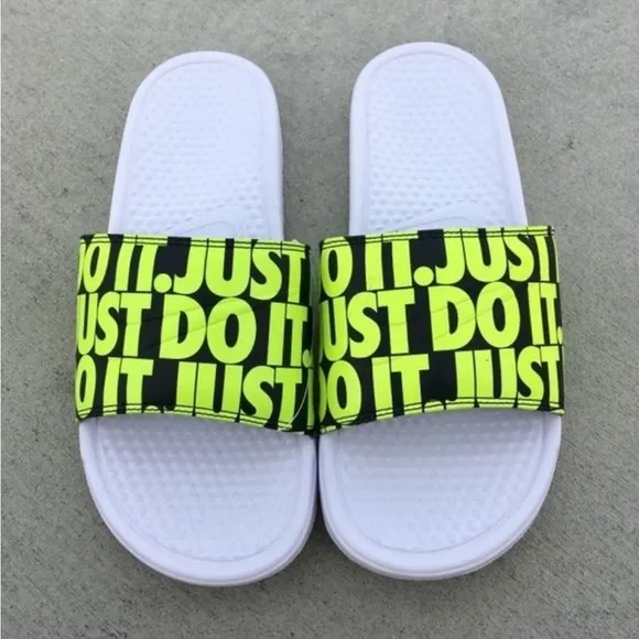 NIKE BENASSI SLIDES JUST DO IT NEONS VOLTS BLACKS WHITES SWOOSH