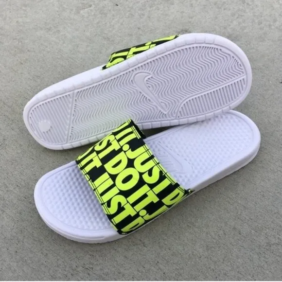 NIKE BENASSI SLIDES JUST DO IT NEONS VOLTS BLACKS WHITES SWOOSH