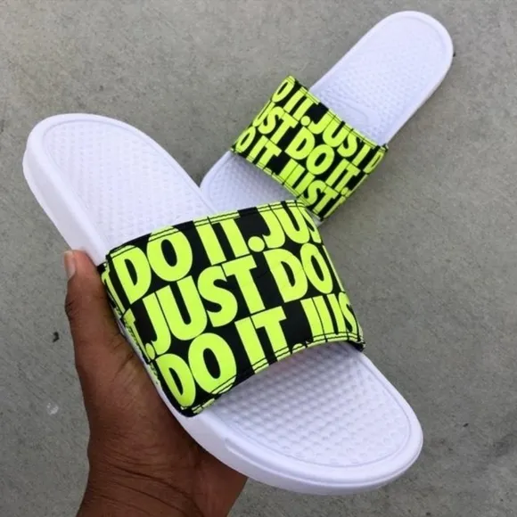 NIKE BENASSI SLIDES JUST DO IT NEONS VOLTS BLACKS WHITES SWOOSH