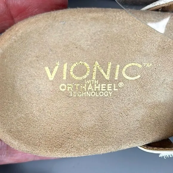 NWOB VIONIC Maggie Wedge Sandals White Patent Gold Studded Beach Comfort Sz 9