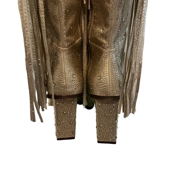 NWOT Jessica Simpson Gold Asire2 Rhinestone Embellished Fringe Boots, Sz…