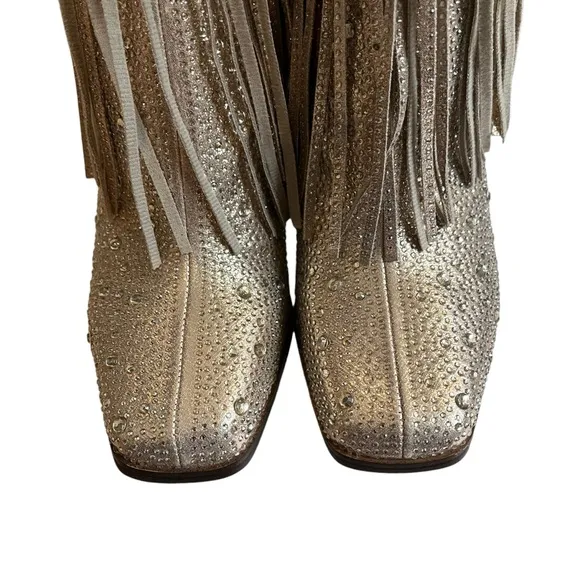 NWOT Jessica Simpson Gold Asire2 Rhinestone Embellished Fringe Boots, Sz…