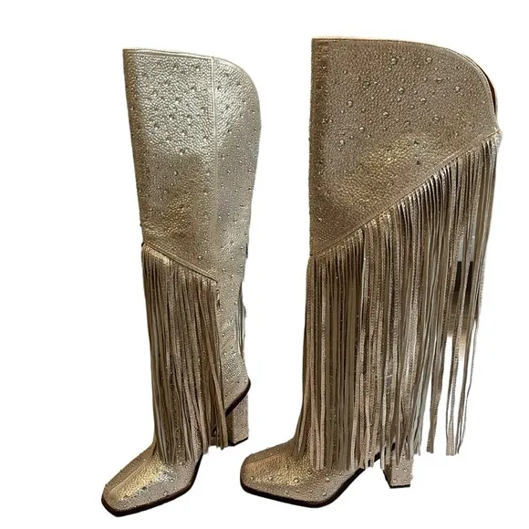 NWOT Jessica Simpson Gold Asire2 Rhinestone Embellished Fringe Boots, Sz…
