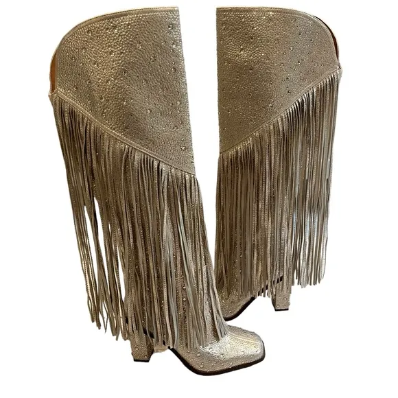 NWOT Jessica Simpson Gold Asire2 Rhinestone Embellished Fringe Boots, Sz…
