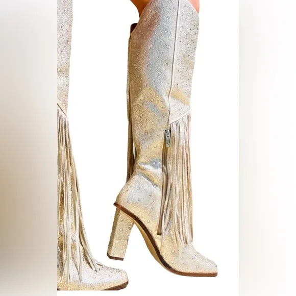 NWOT Jessica Simpson Gold Asire2 Rhinestone Embellished Fringe Boots, Sz…