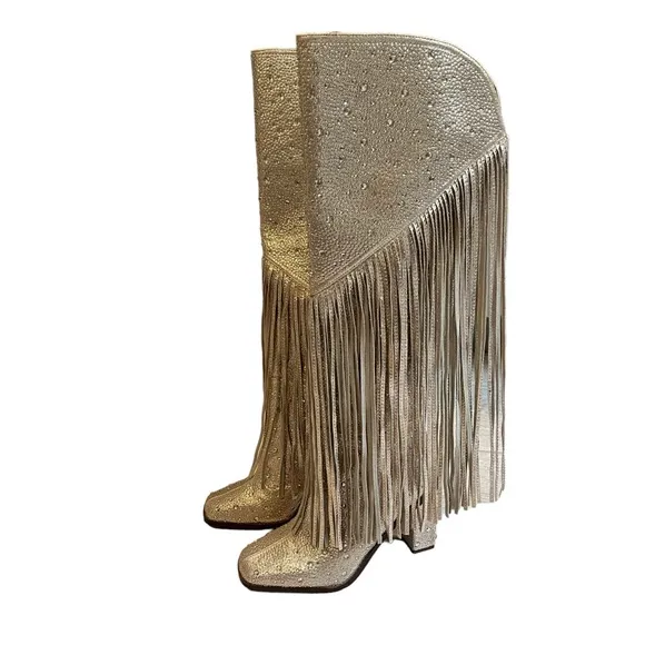 NWOT Jessica Simpson Gold Asire2 Rhinestone Embellished Fringe Boots, Sz…