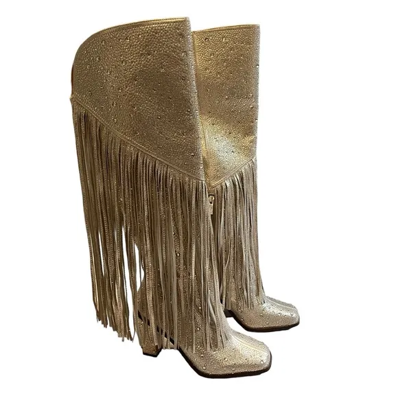 NWOT Jessica Simpson Gold Asire2 Rhinestone Embellished Fringe Boots, Sz…