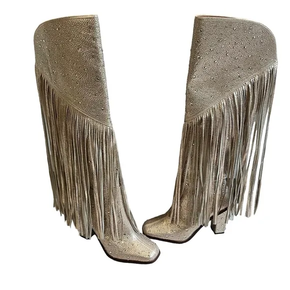 NWOT Jessica Simpson Gold Asire2 Rhinestone Embellished Fringe Boots, Sz…