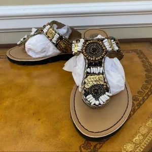 NWOT Pavers England Premium Leather Vegan Beaded Sequence Gold Flip Flop Sandals