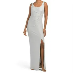 NWT Adrianna Papell Shimmer Metallic Side Pleats Front Slit Gown Maxi Dres