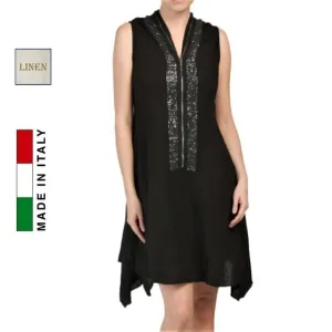 NWT ALESSIA PACINI Made In Italy Zip Front Sequin Trim Linen Midi Dress