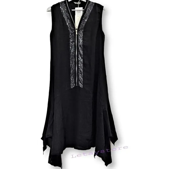 NWT ALESSIA PACINI Made In Italy Zip Front Sequin Trim Linen Midi Dress