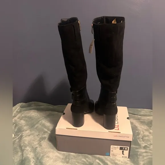 NWT and box Liz Claiborne LC Hemlock tall boots. Black. 7 medium memory foam