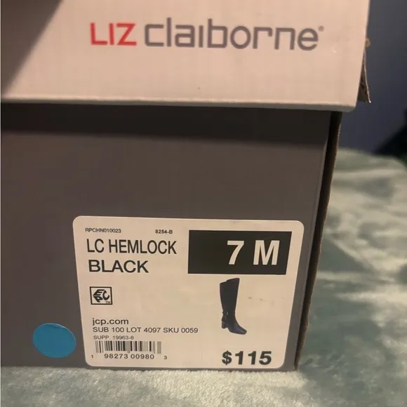 NWT and box Liz Claiborne LC Hemlock tall boots. Black. 7 medium memory foam