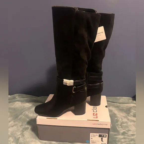 NWT and box Liz Claiborne LC Hemlock tall boots. Black. 7 medium memory foam