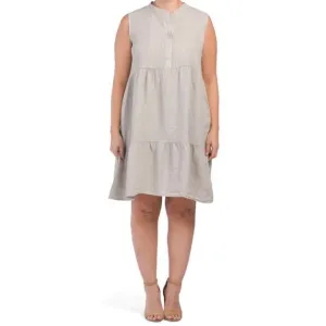 NWT BELLAMBRA Women's Plus Made In Italy Linen Split Neck Tiered Midi Dress