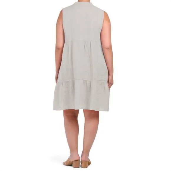 NWT BELLAMBRA Women's Plus Made In Italy Linen Split Neck Tiered Midi Dress
