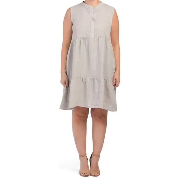 NWT BELLAMBRA Women's Plus Made In Italy Linen Split Neck Tiered Midi Dress