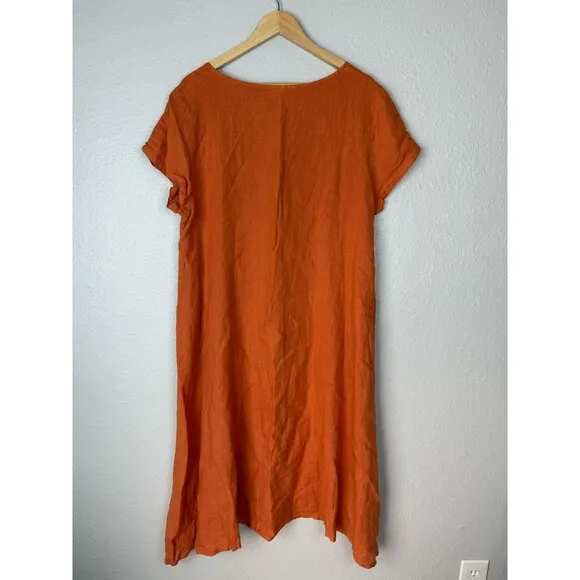 NWT Bryn Walker Orange Linen Short Sleeve Midi Dress M LAGENLOOK Coastal New 144