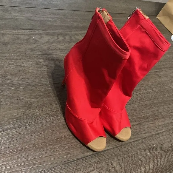 NWT BURJU Mina Open Toe Short Stretch Lycra Ankle Boots | Red | Size 11