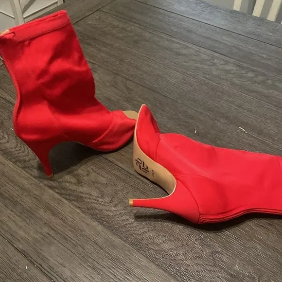NWT BURJU Mina Open Toe Short Stretch Lycra Ankle Boots | Red | Size 11
