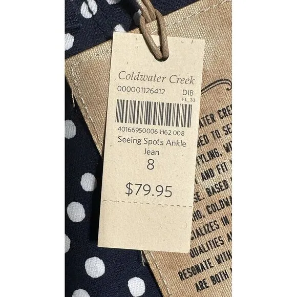 NWT Cold Water Creek Seeing Spots‎ Ankle Jean Mid Rise Size 8.  Navy/White