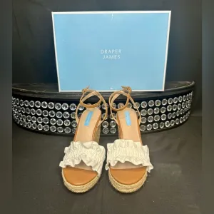 NWT Draper James White and Tan Wedge Sandals with Ruffle Detail